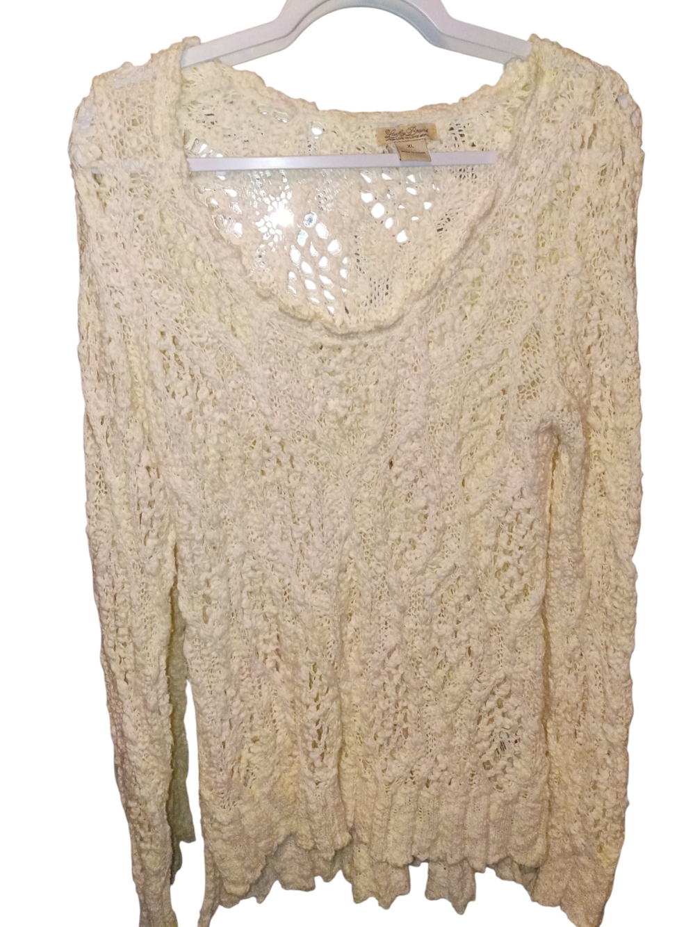 Lucky Brand Cream Openwork Crochet Top Any Season Sweater With Open Knit Size XL